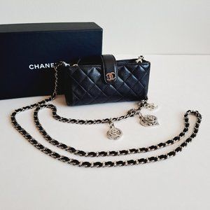 Chanel Black Quilted Lambskin Camelia Charm Pouch-on-Chain Clutch Bag